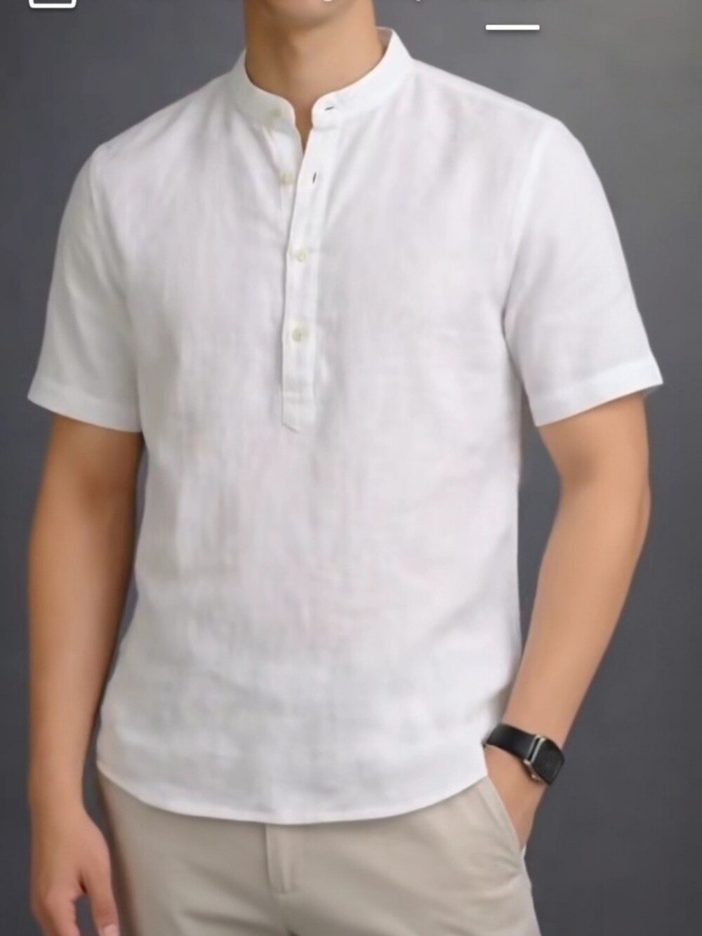 Mabaji Design Style Vogue Men's White Linen Band Collar Shirt Size Large